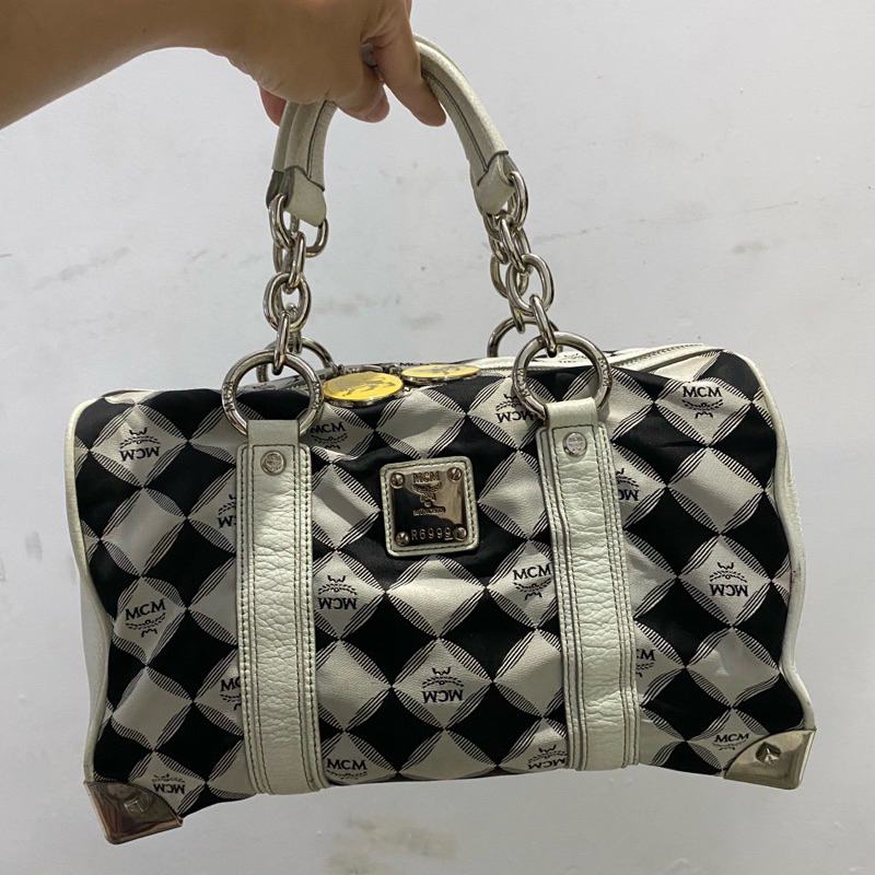 speedy bag putih kulit mix nilon dr mcm preloved