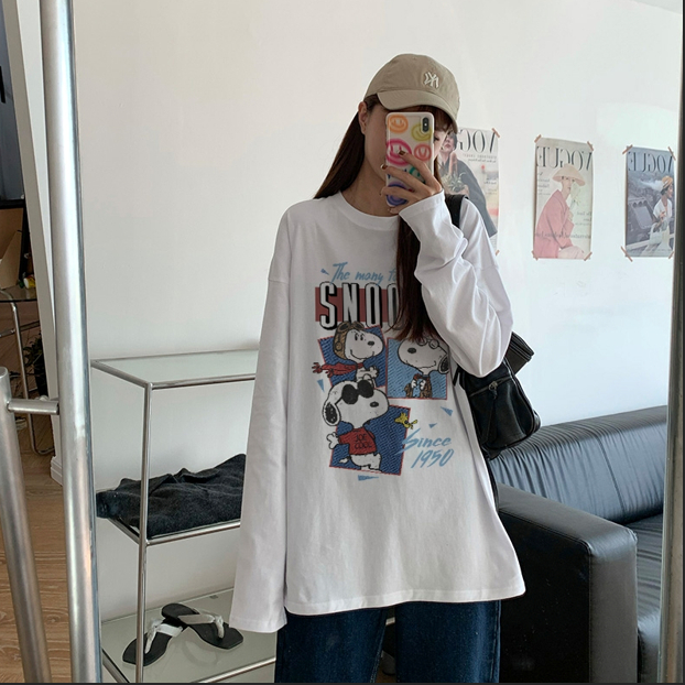 Korean Style Kaos Oversize Lengan Panjang Wanita |Pola Snoopy/ Baju Kaos Lengan Panjang Wanita Terba