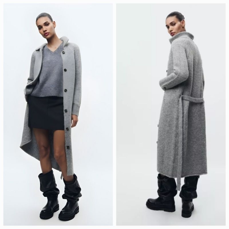 ZARA WOMAN CARDIGAN LONG KNIT WITH BELT GRAY BARU ASLI ORIGINAL