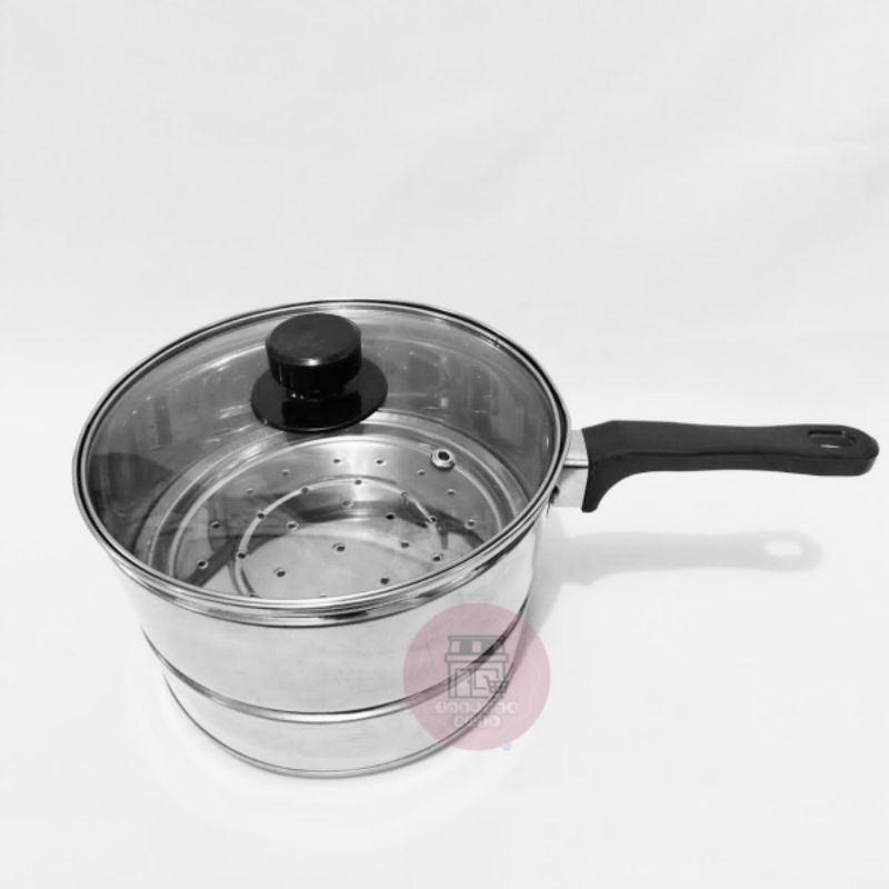 panci susu STEAMER 16 18 20 cm tutup kaca dengan SARINGAN rebus dan kukus milk pot with STEAMER