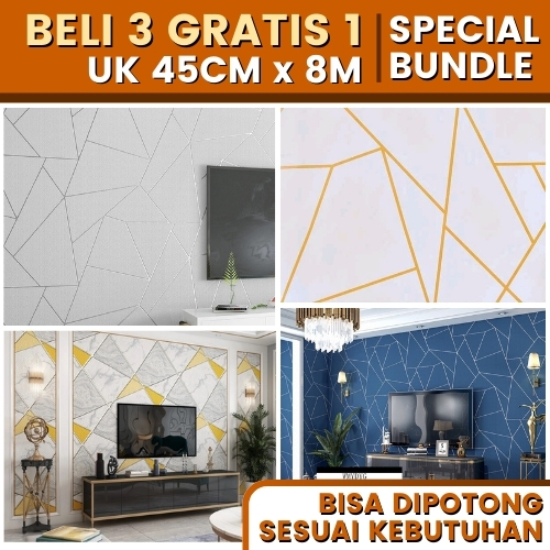 Wallstiker Wallpaper Dinding Ruang Tamu Keramik Modern Putih Gold 45CM x 8M Minimalis SPECIAL BUNDLE