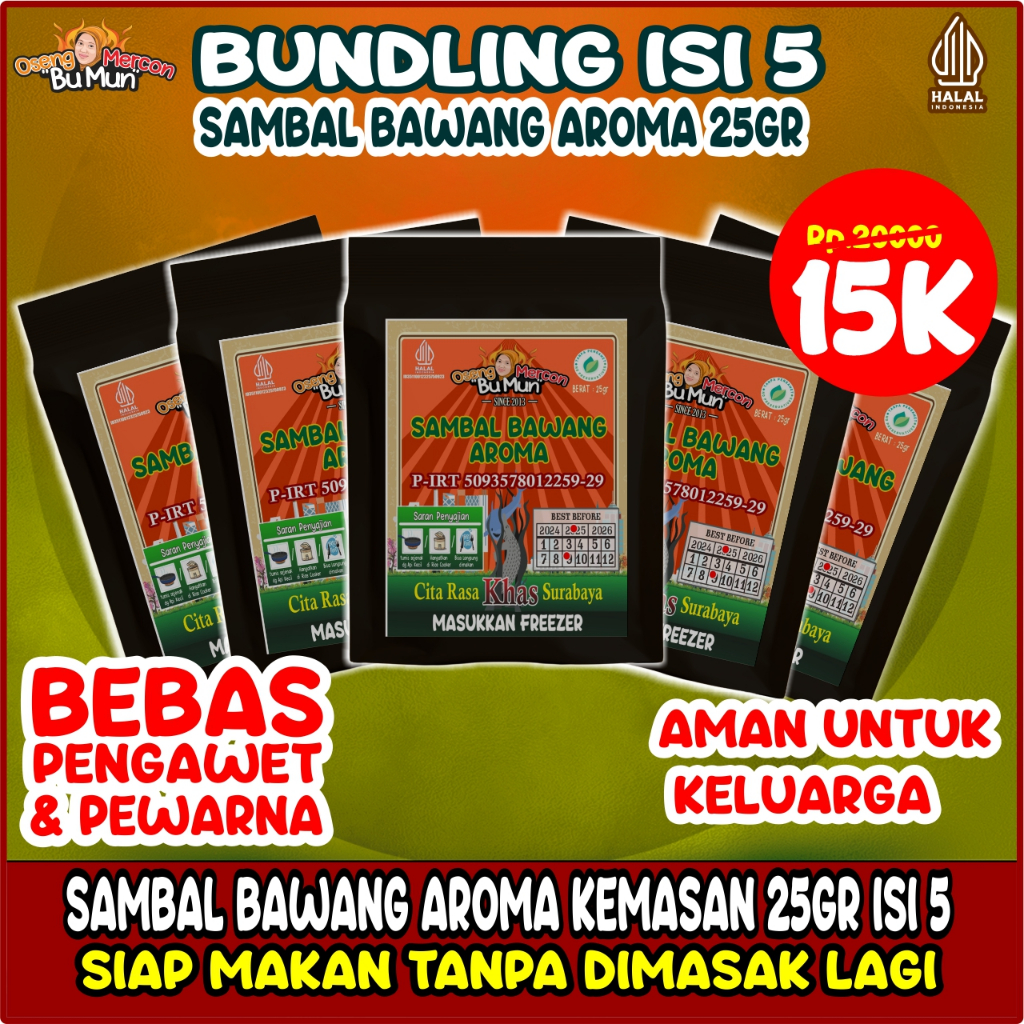 

SAMBAL BU MUN VARIAN SAMBAL BAWANG AROMA BUNDLING ISI 5 KEMASAN 25GR