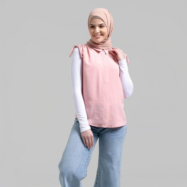 Greenlight Kemeja Polos Original Tanpa Lengan Poly Crinkle Sleeveless Wanita Pink Mellow Rose L19072