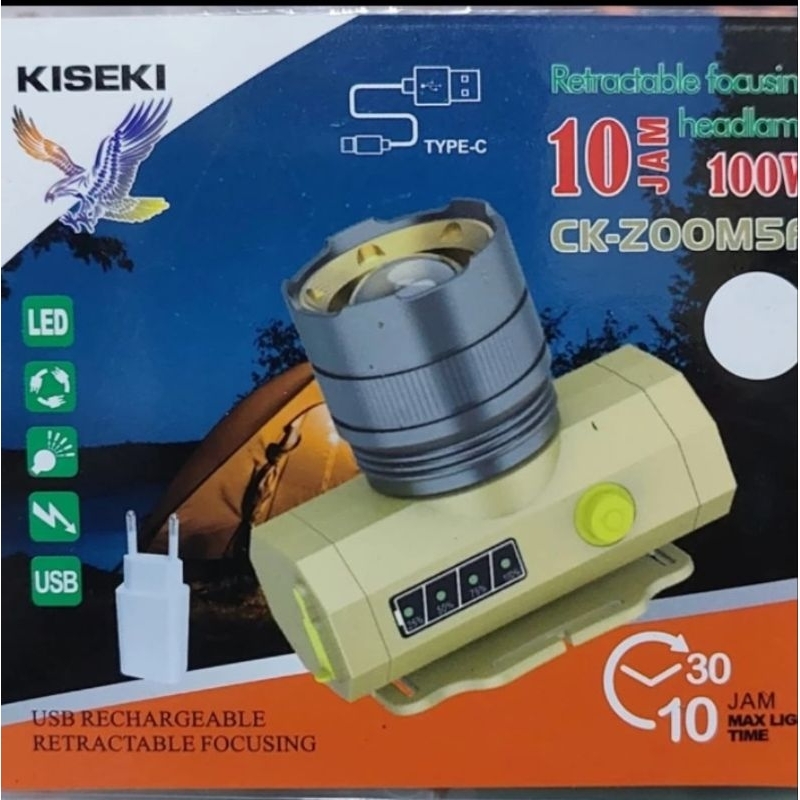 SENTER KEPALA KISEKI CK-ZOOM5F CAHAYA PUTIH SENTER LASER SENTER KEPALA ZOOM 100WAT SOROTAN 500M TAHA