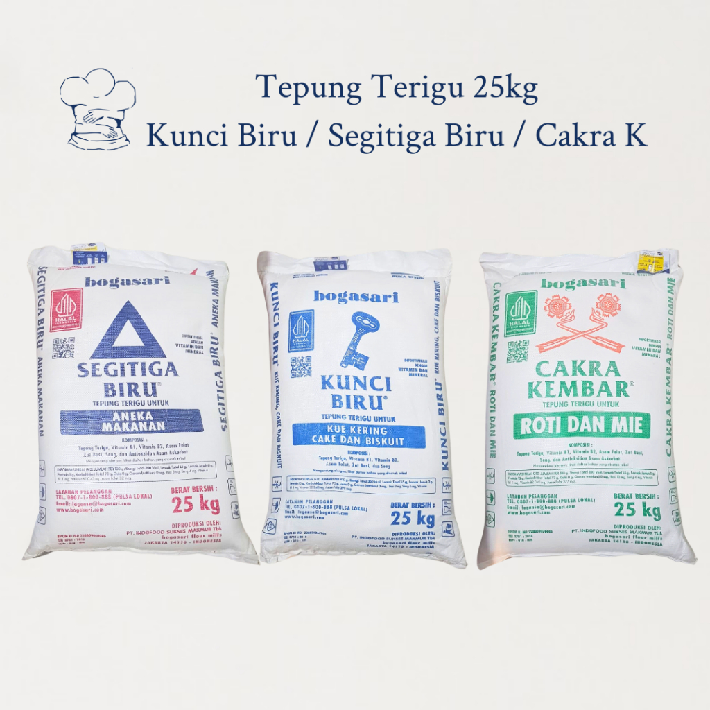 

Tepung Terigu Kunci Biru 25kg / Segitiga Biru 25kg / Cakra Kembar 25kg (1 Sak)