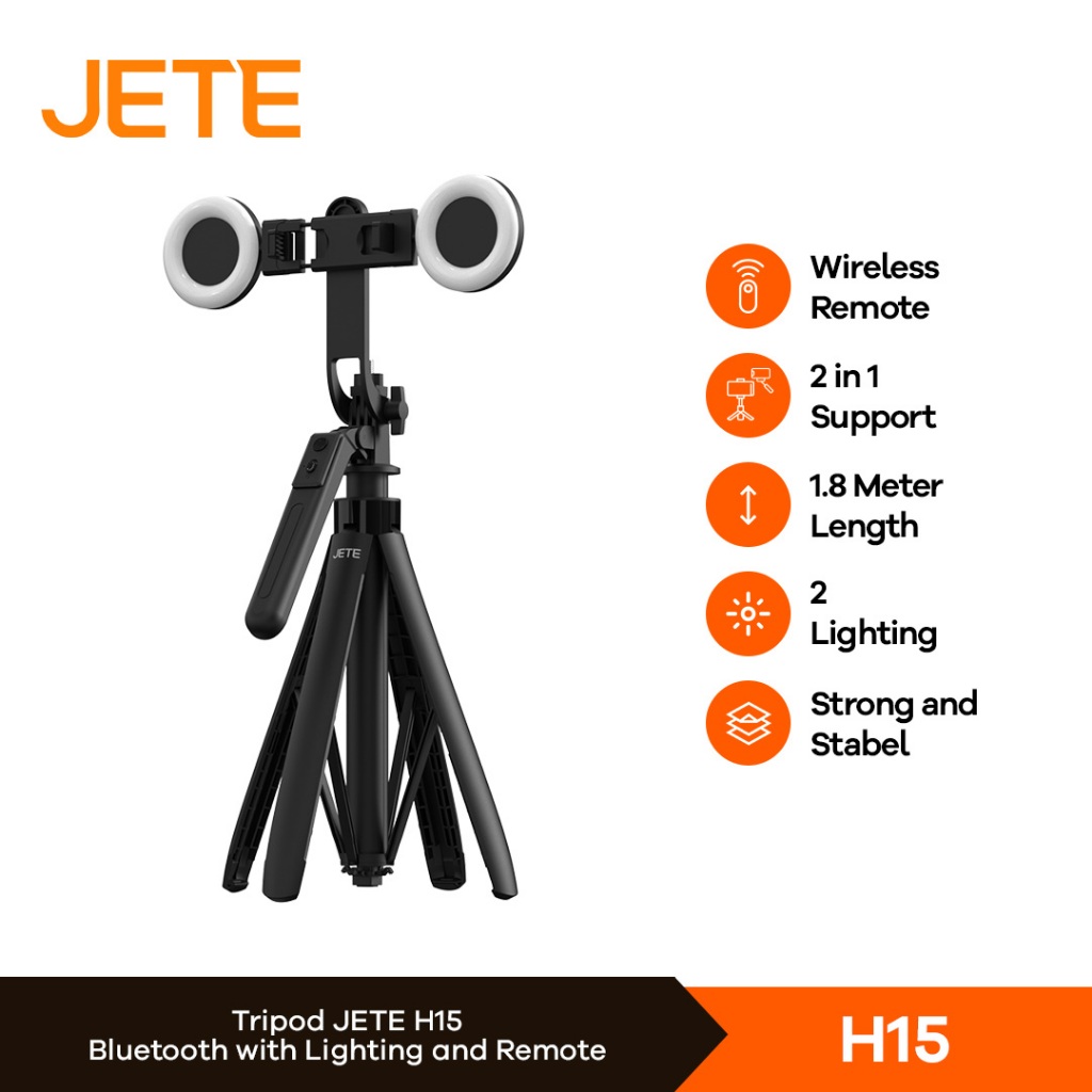 JETE H15 Tripod + Lighting Bluetooth Tongsis Selfie Stick 1,8m + Remote - Postel Garansi 2th