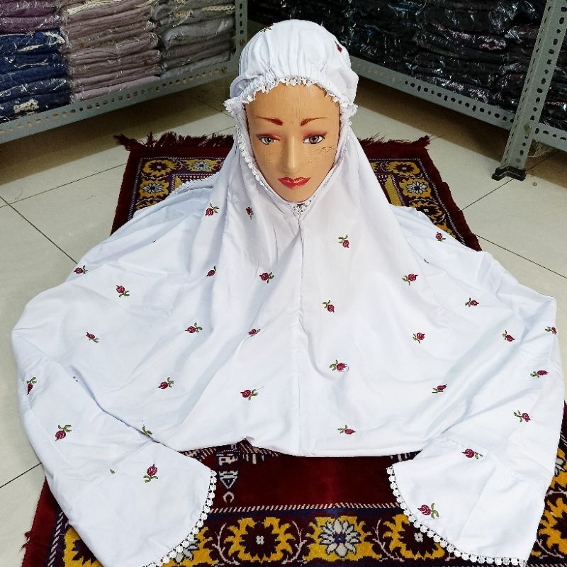 Mukena Lajuran Bordir Dewasa Terusan Katun Mikro Putih Mukenah Lajur Langsungan Rukoh Pondok Pesantr