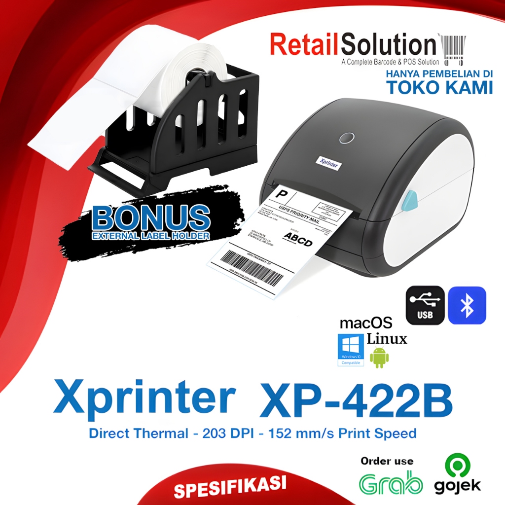 Printer Barcode Label Thermal A6 203 dpi - Xprinter XP-422B XP422B XP422 B XP-422 B