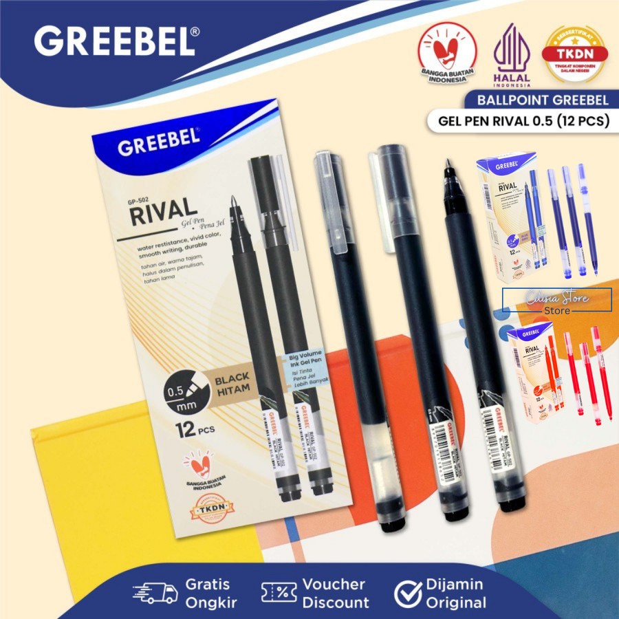 

Pena Pulpen Gel Greebel GP-502 Rival 0.5mm Hitam Biru Merah Ballpoint Pen [1 Pak Isi 12 Pcs]