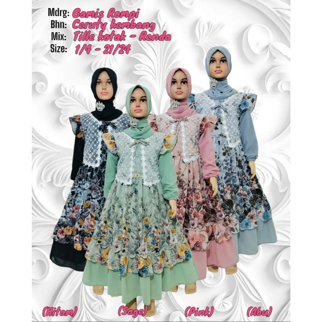 Baju Gamis Muslimah Anak Perempuan Usia 3-12 Tahun | Gamis Ceruty Babydoll Motif Bunga Etnic Kembang