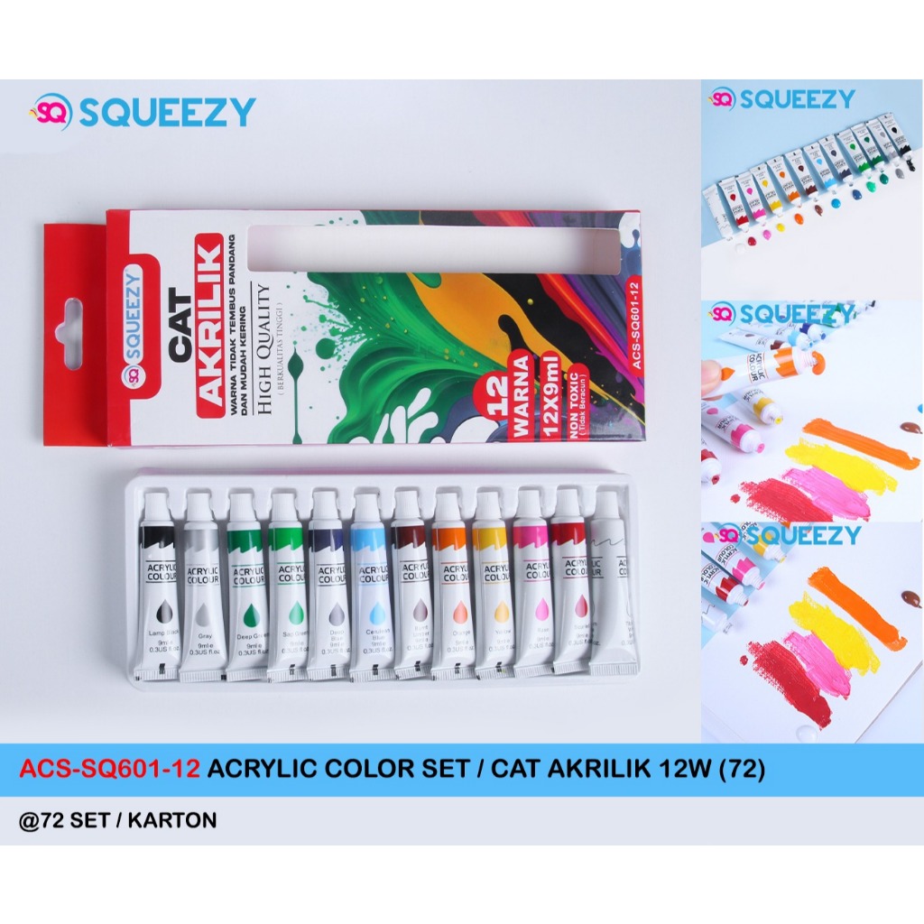 Cat Akrilik Set 12warna 9ml SQUEEZY/Cat Lukis Kanvas Acrylic Color Set/Cat Lukis Kanvas Cat Air Cat 