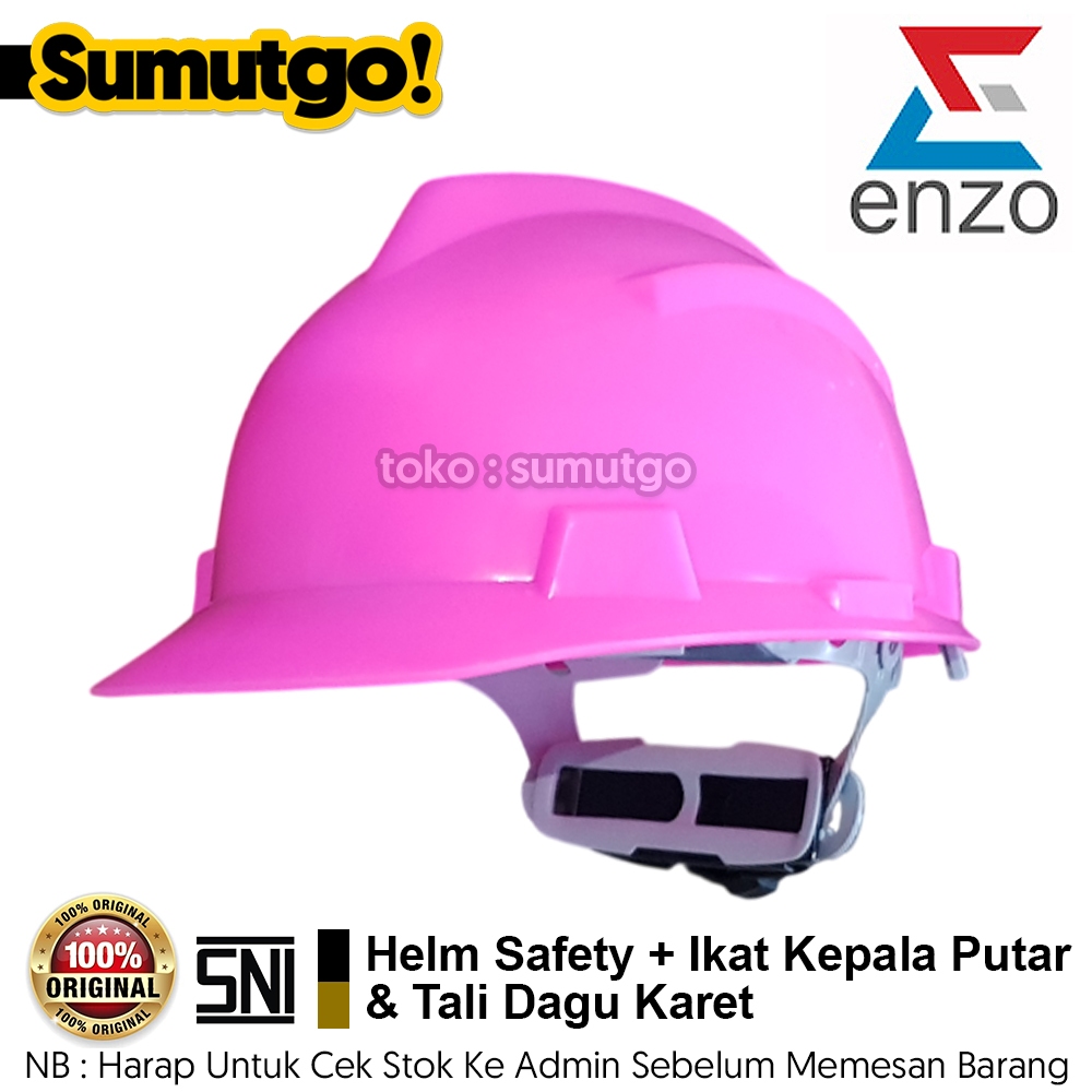 Helm Safety Proyek warna Pink merek ENZO + ikat Kepala Putar Fastrac + Tali Dagu Standar SNI / Safet