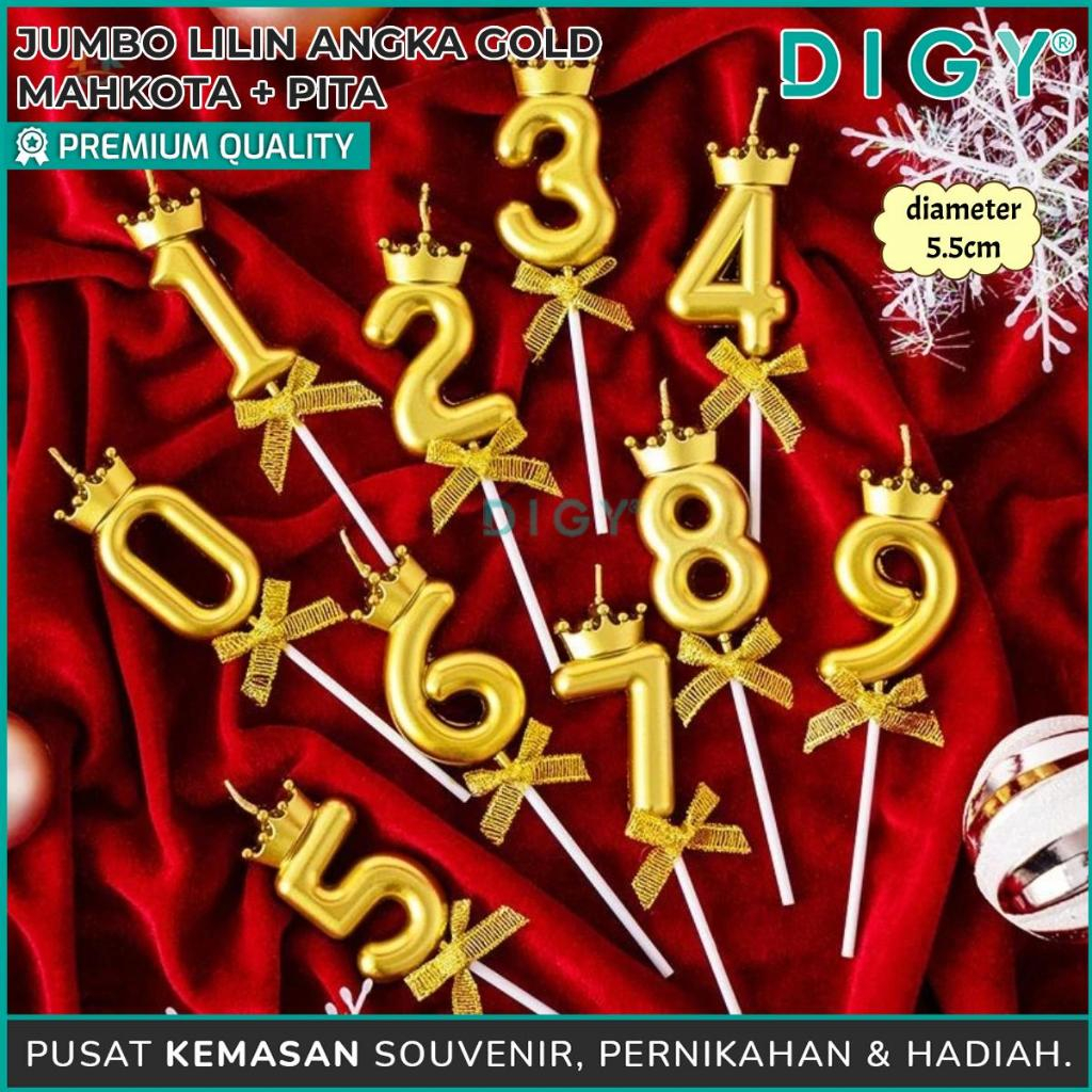 Lilin Angka Jumbo + Mahkota + Pita Gold/dekorasi kue ulang tahun/lilin karakter angka
