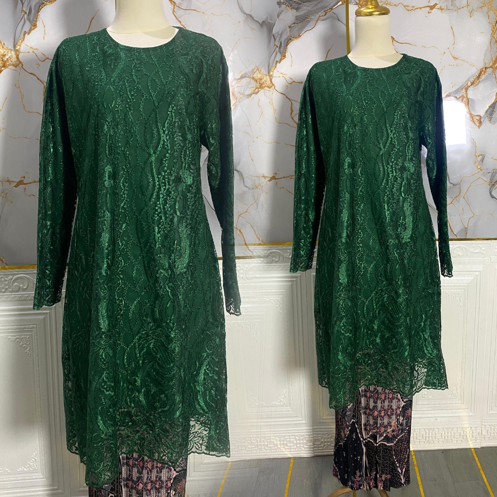 Hijau Botol I  Atasan & Setelan 𝗧𝘂𝗻𝗶𝗸 𝗧𝗶𝗹𝗹𝗲 Atasan Brukat Kebaya Modern / Baju Kurung / Kebaya Wisud