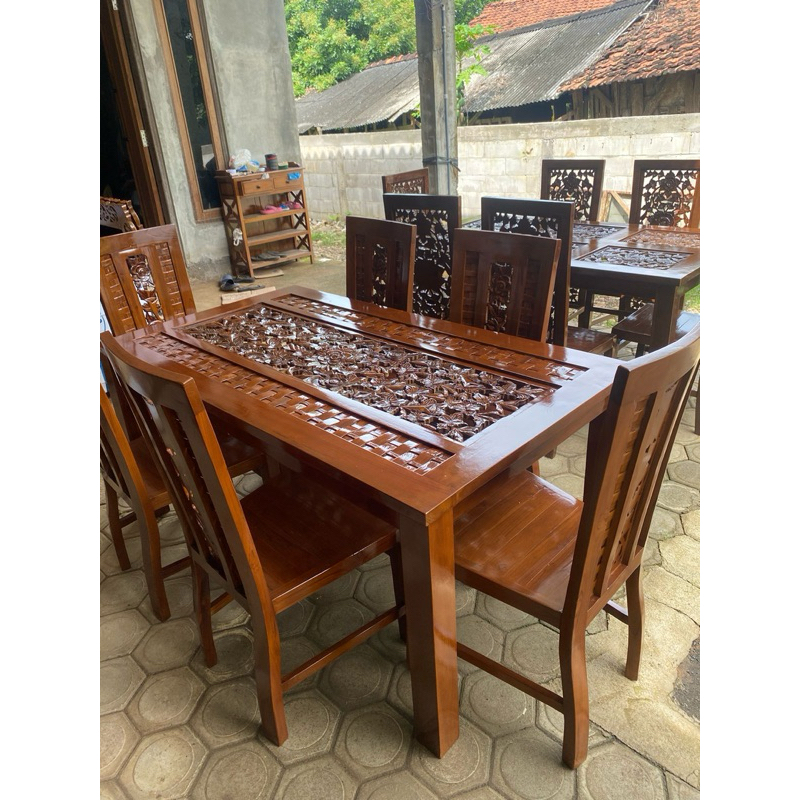 Set meja makan kayu jati Meja makan 6 kursi jati Free kaca