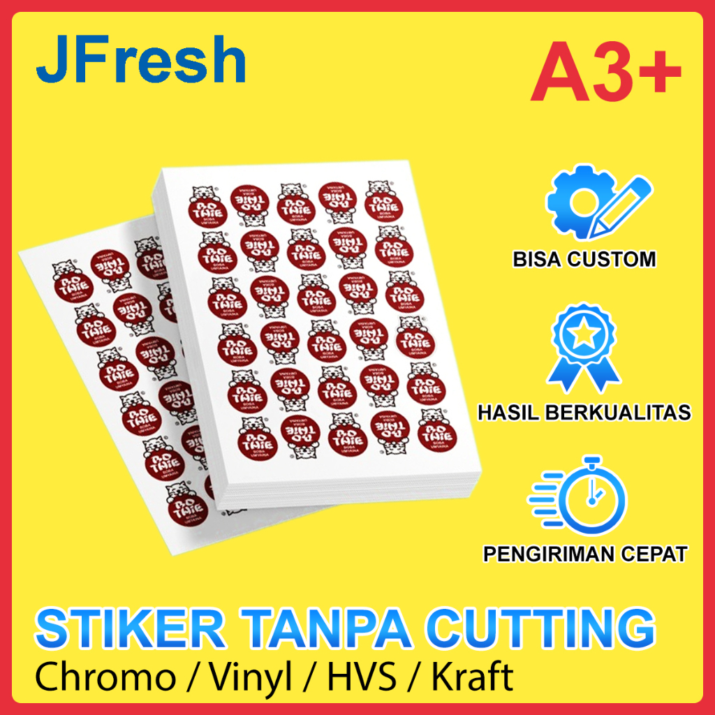 

Cetak Sticker Custom A3+ Tanpa Cutting / Print Stiker Non Cut Chromo Vinyl HVS Kraft / Cromo Kromo Vinil Craft Label Poster Merk Logo Promosi Promo Tempel Kemasan Produk Makanan Minuman Kendaraan Kertas A3 +