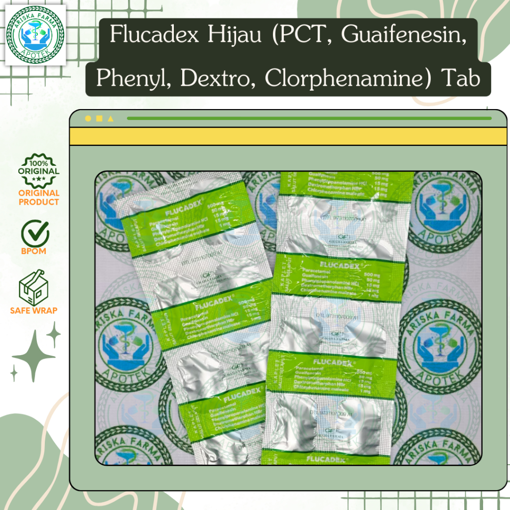 Flucadex Hijau (PCT, Guaifenesin, Phenyl, Dextro, Clorphenamine) Tab per strip