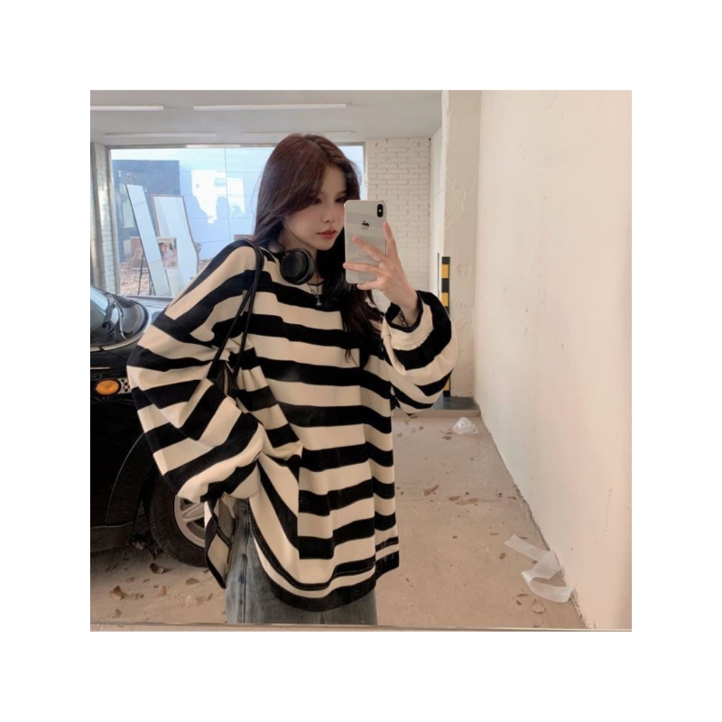Dunia Jaket - Kaos Salur Strip Korean Style ( M - 2XL ) Stripped Shirt Black White M L XL XXL 2XL Ha