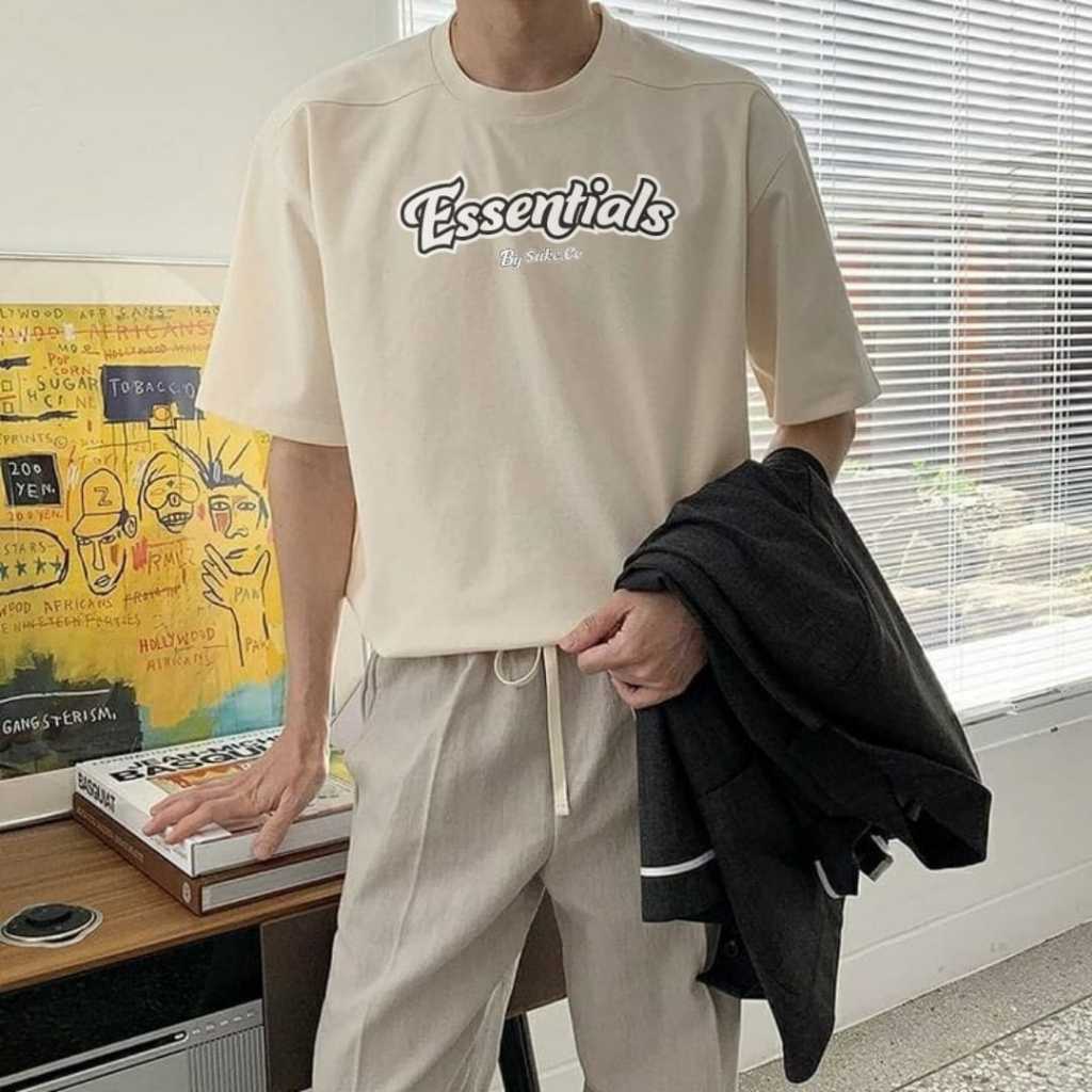 essential tshirt distro terbaru 2025-baju kaos oversize warna baige cream-baju kaos pria premium