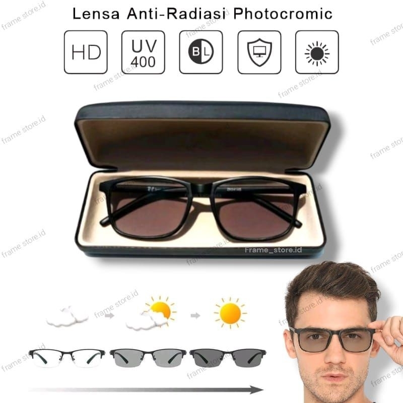 Kacamata Photocromic Pria Lensa Anti Radiasi Frame Hitam ZK041 Kaca mata Minus Plus Progresif