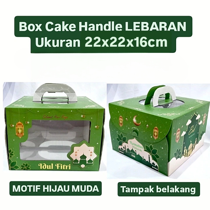 

Box Cake Handle Edisi Hijau Muda Lebaran Idul Fitri Dus Hampers Ukuran 22x22x16cm