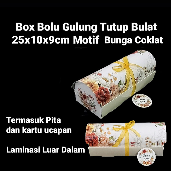 

5 Pcs Box Bolu Gulung Tutup Bulat Motif Bunga Coklat Ukuran 25x10x9cm