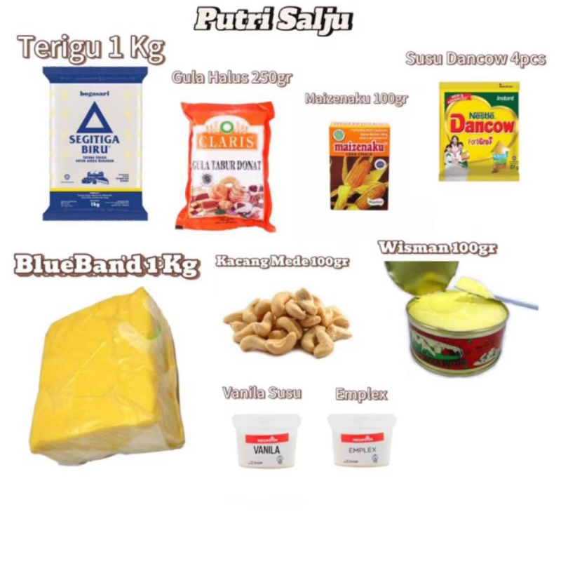 

resep kue kering PUTRI SALJU / bahan untuk pembuatan kuker.