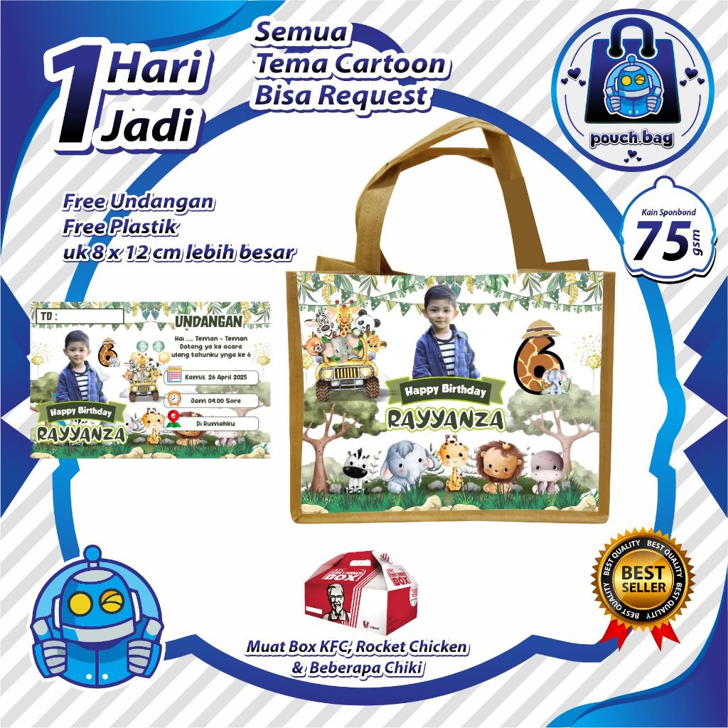 

PAKET 35 PCS Tas Ulang Tahun Anak Custom Pakai Nama Foto Nasi Kfc Bungkus Snack, Sudah Free Undngan Ultah ( Godie Bag Ultah Custom )