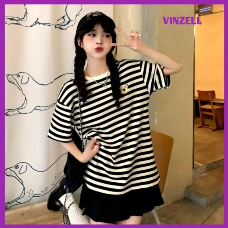 Kaos Salur Strip Korean Style ( M - 2XL ) Stripped Shirt BEAR BERUANG CUTE Black White Brown M L XL 