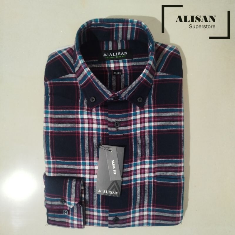 Alisan Kemeja Pria Flanel Hitam Kotak Hijau Merah 11854 Lengan Panjang Slimfit