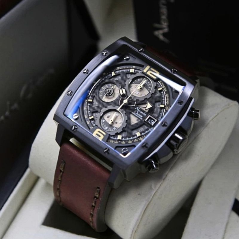 jam tangan pria alexander cristie original ac6376 black leather brown
