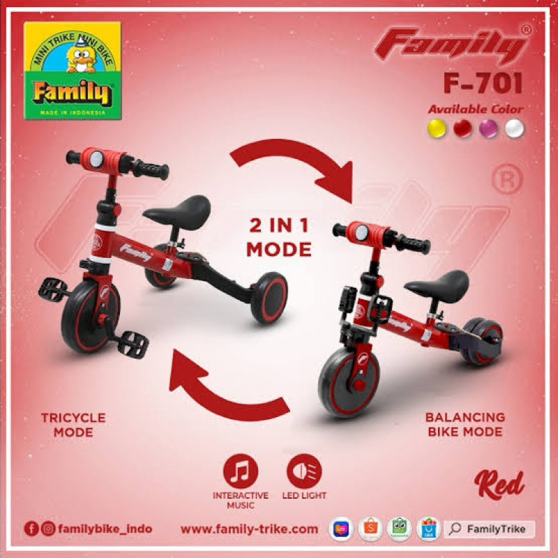 Family Balance Bike F-701 / Sepeda Anak Roda 3 / Sepeda Keseimbangan Anak Tricycle Stroller Anak 2 i