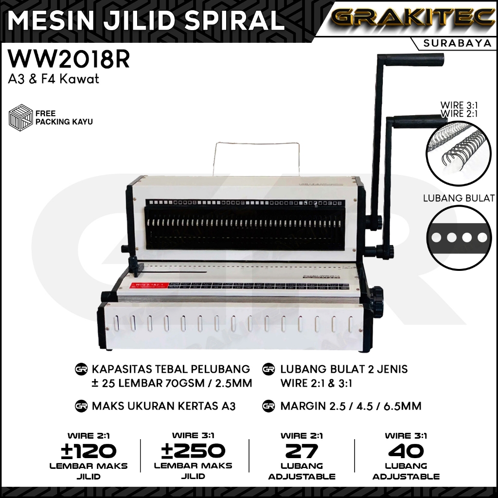 

Mesin Jilid Spiral Kawat WW2018R 3:1 & 2:1 F4 & A3 Lubang Bulat Premium GRAKITEC Bisa Untuk Kalender Buku Dan Lain nya