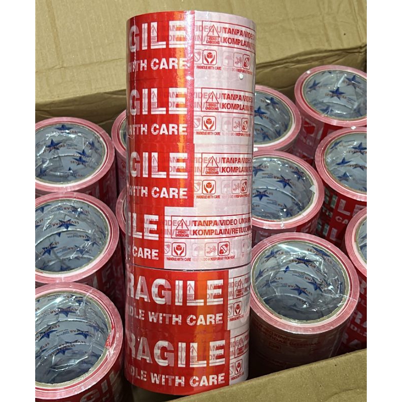 

Lakban Fragile Unboxing Merah Putih isi 6 pcs (1 slop) 45 mm x 80 yards Seven Star kuat tidak mudah putus murah ekonomis isolasi selotip packing Peking aman 6 rolls