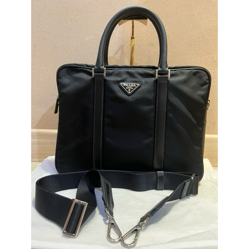 Prada Black Briefcase Nylon Trim Saffiano Leather-Preloved