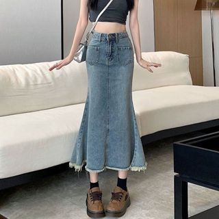KOREALOOK ROK MIDI JEANS WANITA HIGHWAIST RETRO