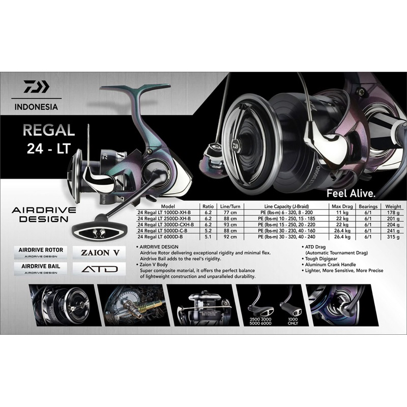 Reel Daiwa REGAL LT | Size 1000 & Size 2500 | AIR DRIVE DESIGN | Ratio 6.2:1 | Belum Power Handle