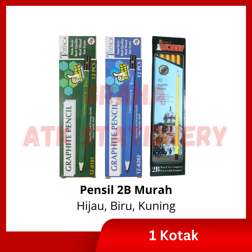 

[1 Kotak] Pensil Kayu 2B Murah Hijau Biru Kuning / Pencil / Pensil Ujian 2B Murah Hijau Biru Kuning