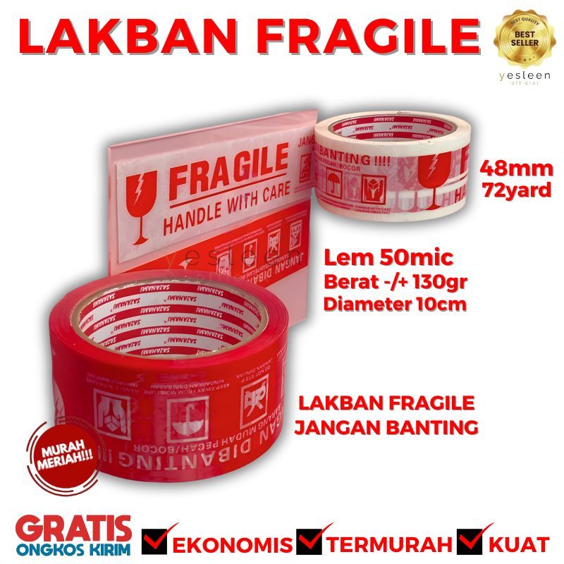 

Lakban FRAGILE Merah dan Putih 48mm x 72yard | Solasi Logo / Tanda Jangan Dibanting Lem Kuat Murah