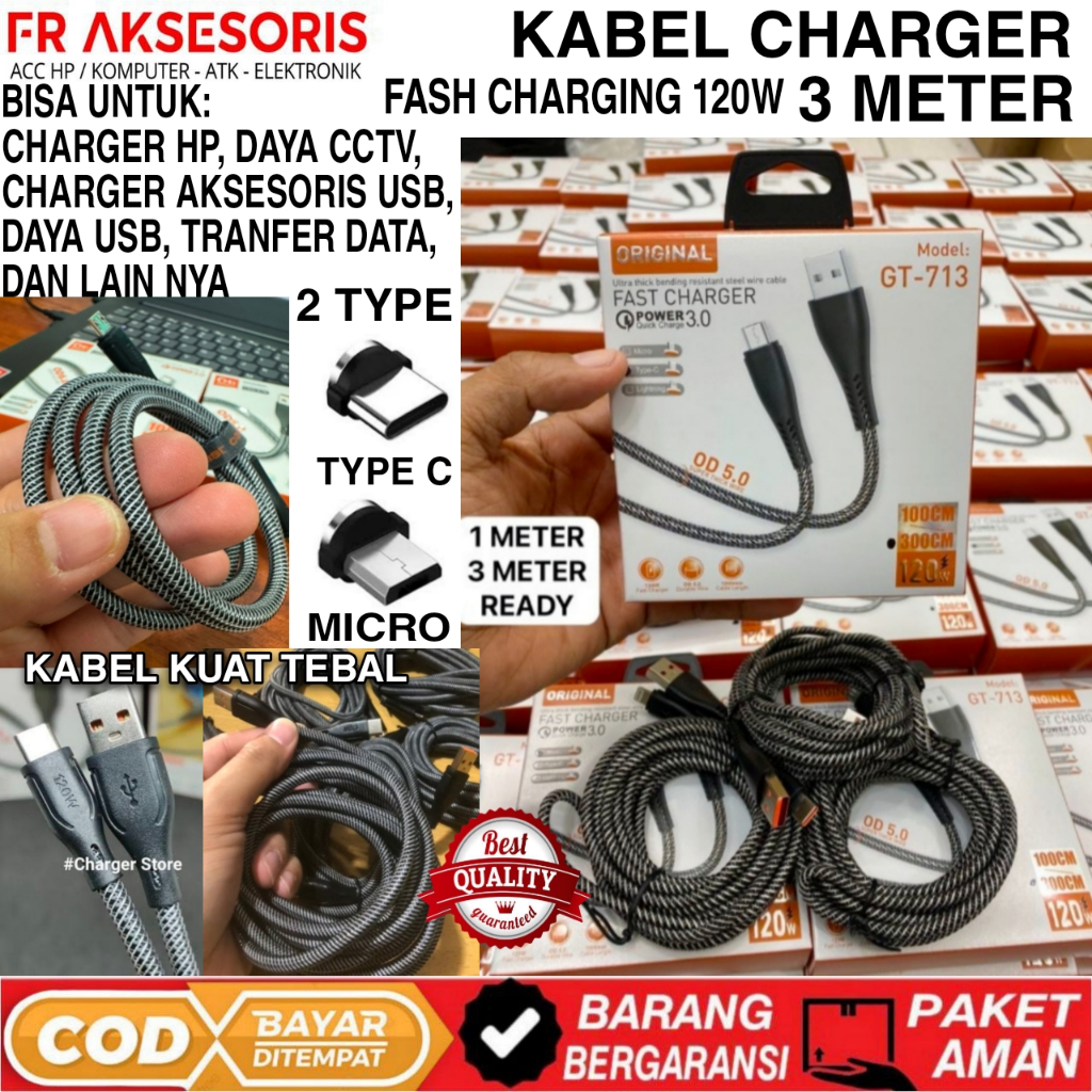 Kabel Type C 3 Meter Fast Charging 120W Kabel Micro USB 3 meter kabel Charger Kabel cctv / kabel dat