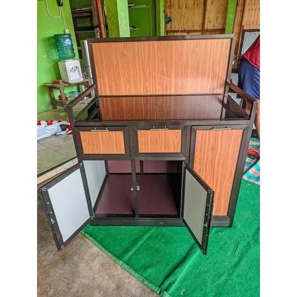 Meja portable bahan ACP plus rak piring dan laci/Meja kompor/rak piring/meja kompor 2 tungku+2 laci/