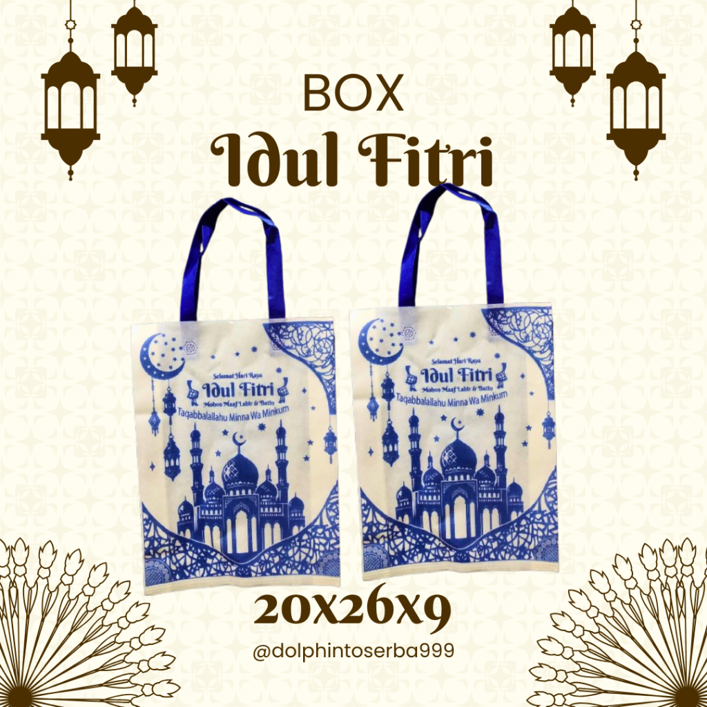 

1 LUSIN (12 PCS) Goodie Bag Idul Fitri /Lebaran Tas Tali Handle Lipat Spunbond IDUL FITRI / LEBARAN CREAM BULBIN 2 SISI SABLON uk 30X40X8