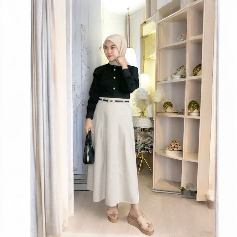 New Jesi- Joy Skirt-Rok Flare Wanita Korean Style- Bahan Semiwoll Lokal_Model Panjang & Midi