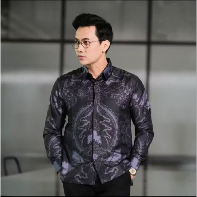 kemeja batik pria mahkota abu baju atasan slimfit lapis puring