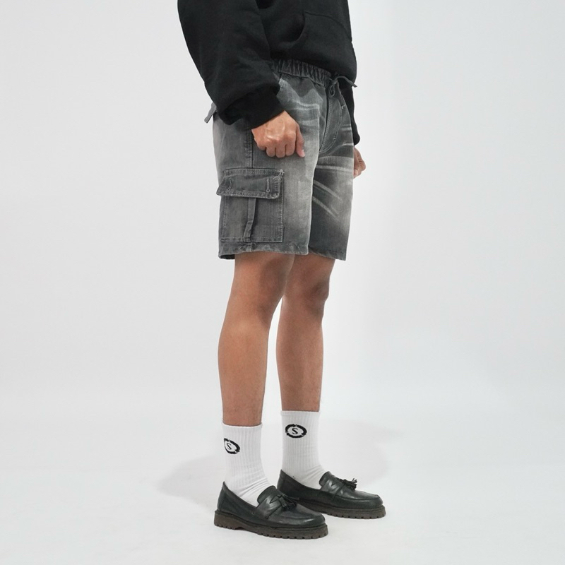 Selfless - Boardshort Cargo Jeans - Celana Pendek Jeans Denim Whisker Washed Cargo Pria