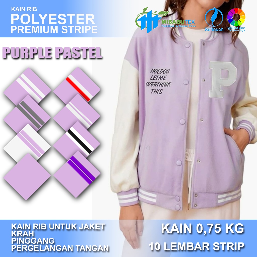 Misabu Textile | Kain rib bur olyester warna ungu muda pastel polos dan strip bisa custom