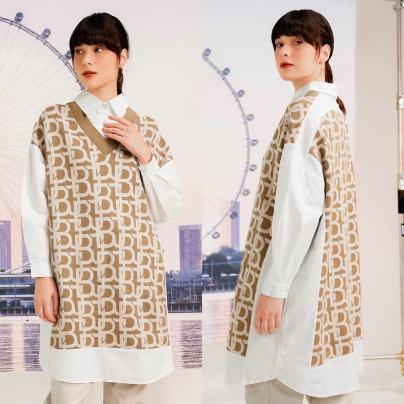 BENANG JARUM BENANG JARUM MONOGRAM MIX FABRIC VEST SHIRT