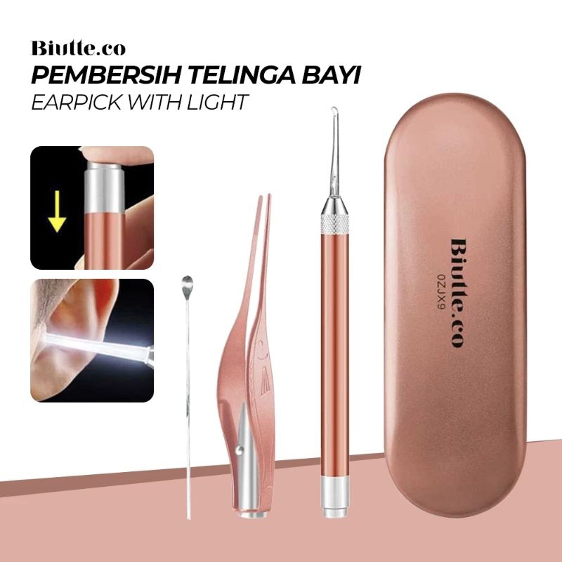 Flashlight Earpick Set Pembersih Telinga Korek Kotoran Kuping Cotton Bud Ear Spoon Wax Picker with L