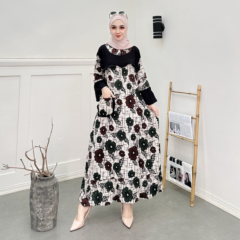 Dres Balqis Motif Bunga Besar | Daster Panjang Jumbo