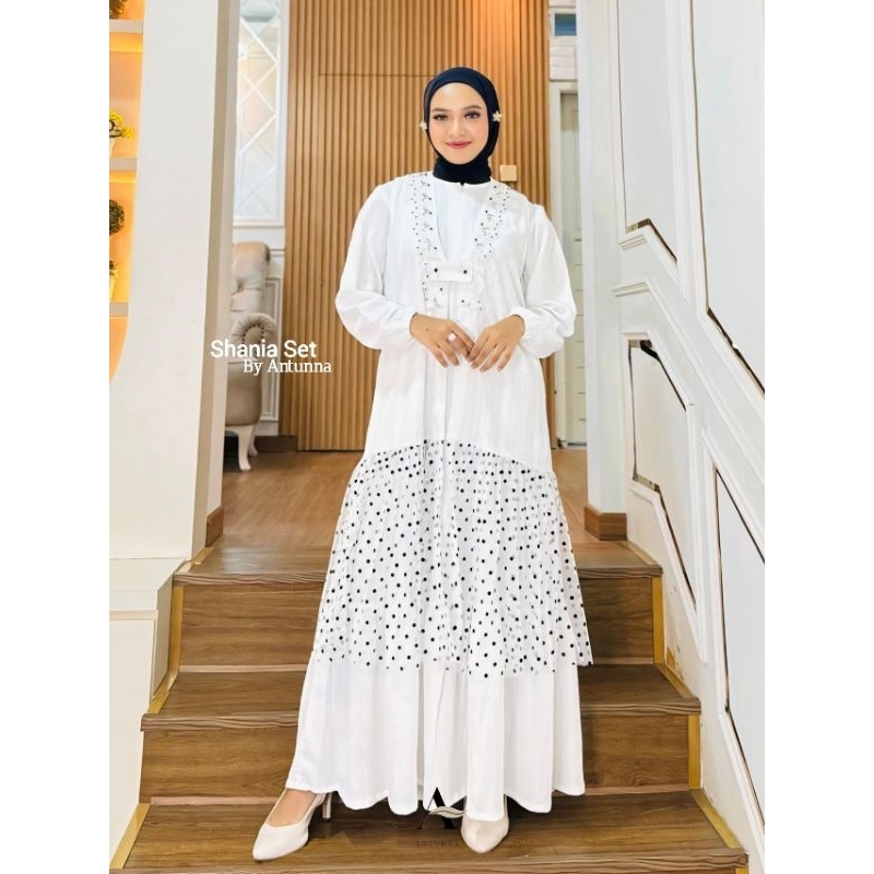 Shania Set - Gamis One Set Putih Alpukadot Murah Mewah, Tampilan Elegan & Stylish